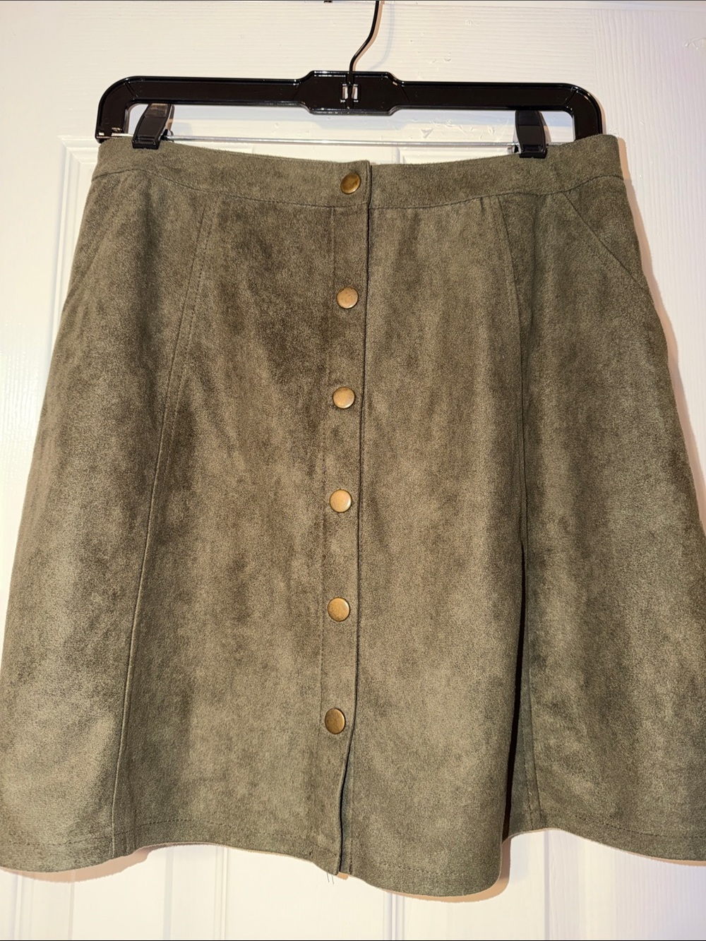 Andree Olive Green Faux Suede Button-Front A-Line Skirt